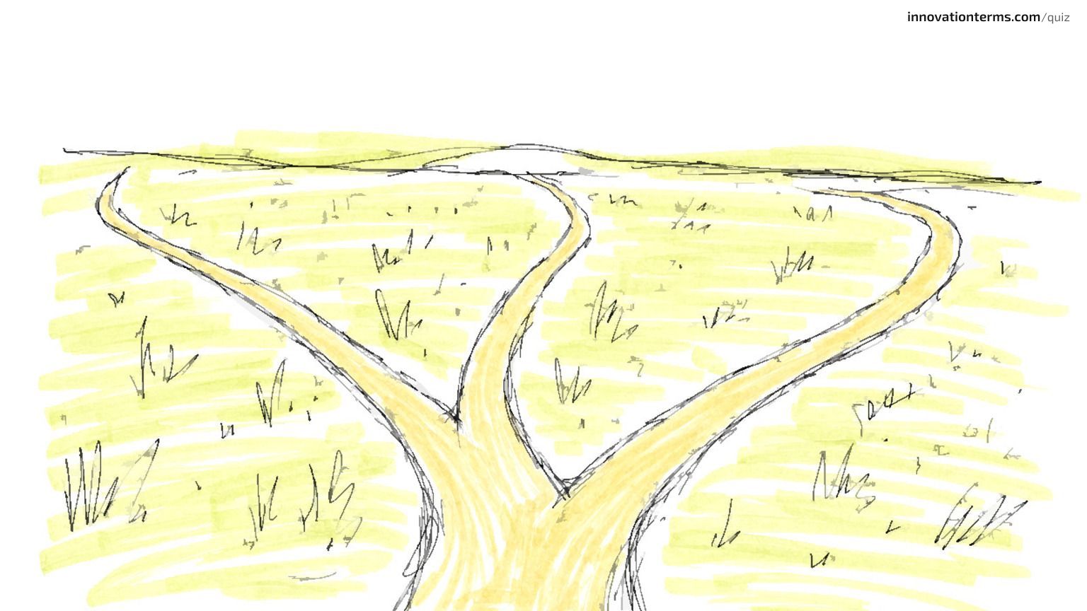 A single dirt path forking into three separate trails that curve away across a grassy field.