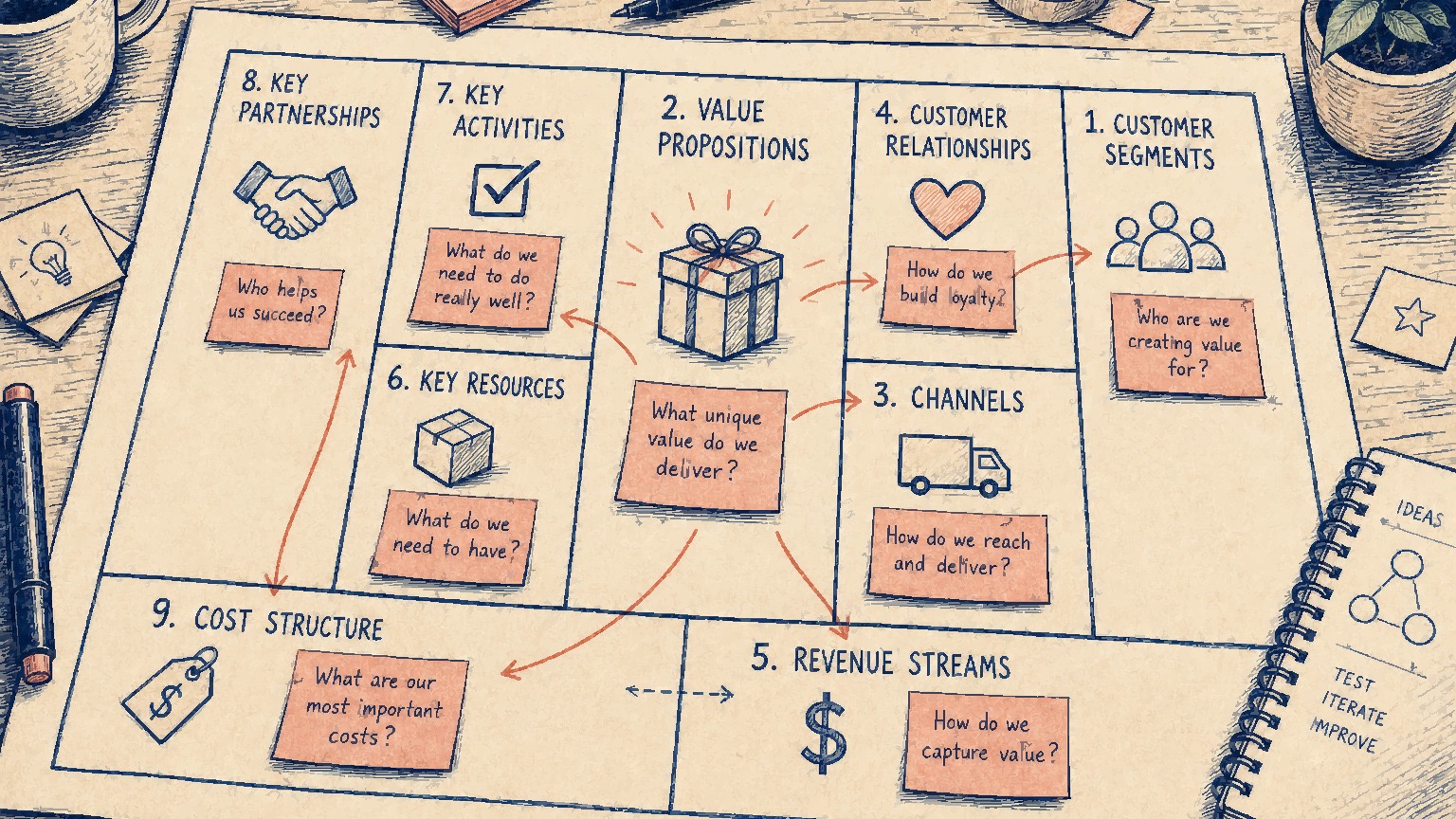 Handgezeichnetes Business Model Canvas Arbeitsblatt auf einem Workshop-Tisch, das neun beschriftete Blöcke mit Haftnotizzetteln und Pfeilen zeigt, die die kundenorientierte Seite mit der operativen Seite verbinden.
