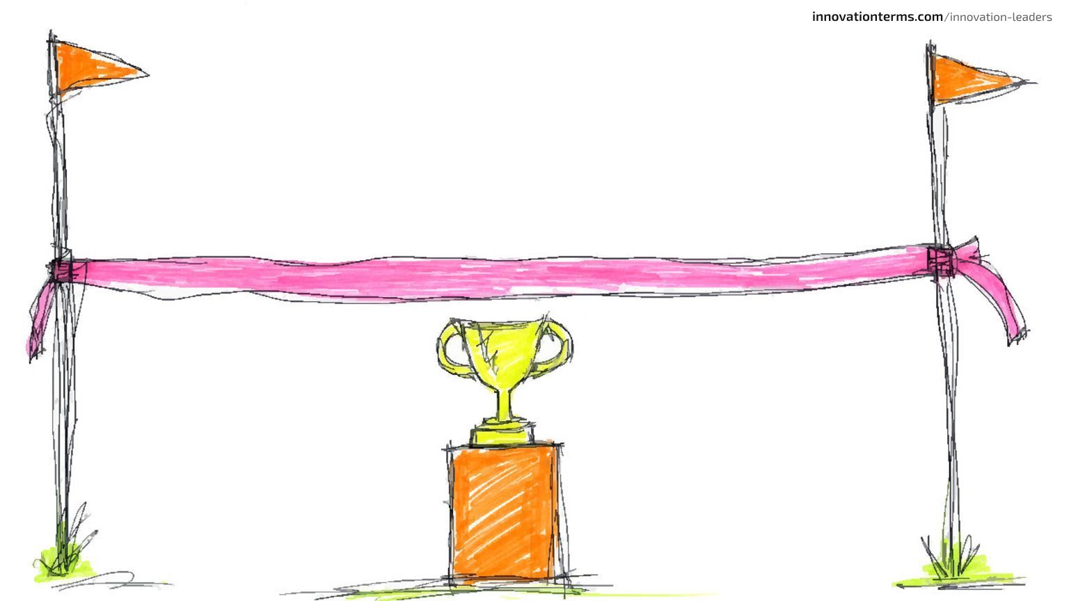 A long finish-line ribbon tape stretched across an empty track with a single trophy on a pedestal beneath it, the entire track behind the ribbon blank with no course or path visible.