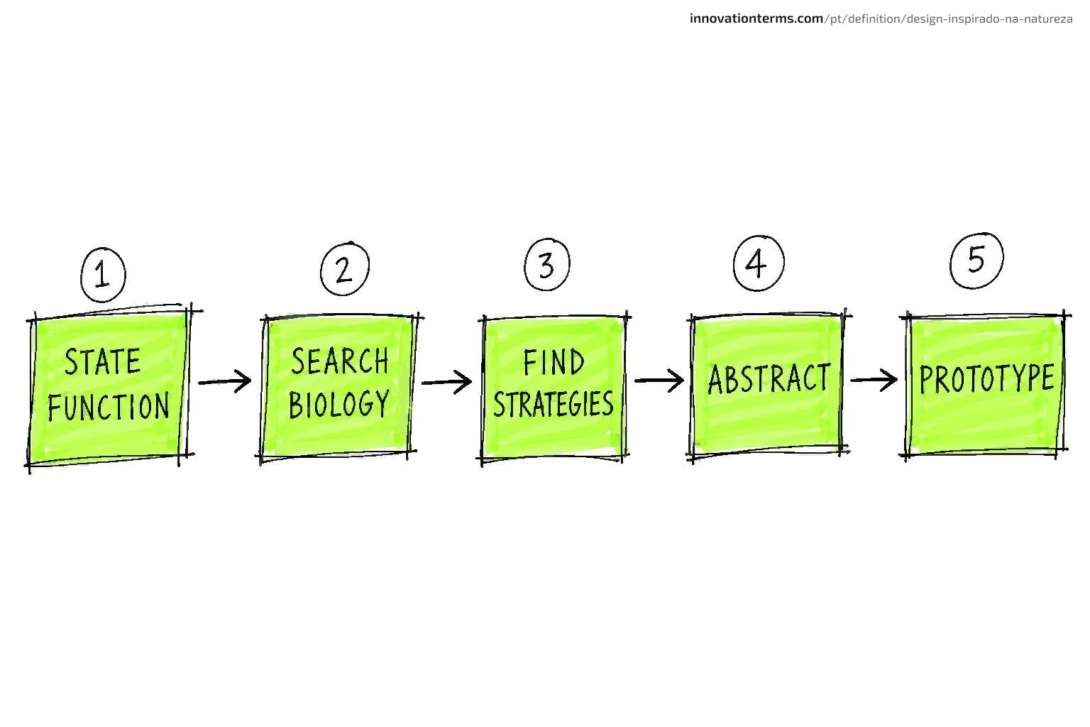 Five boxes connected by arrows read State Function, Search Biology, Find Strategies, Abstract, and Prototype.