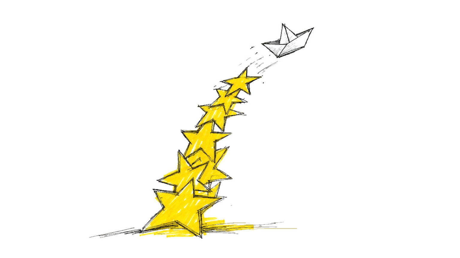 A small paper boat sailing off the top of a tall, tilting stack of gold stars.