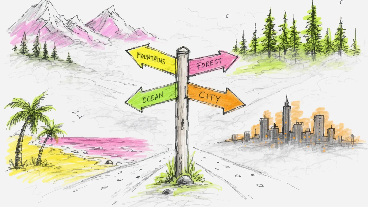 A signpost at a foggy crossroads with four arrows pointing into four different landscapes.