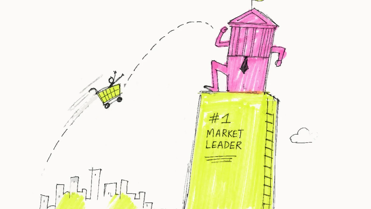A large company figure climbing a tall pedestal while a tiny scrappy cart arcs over its head.