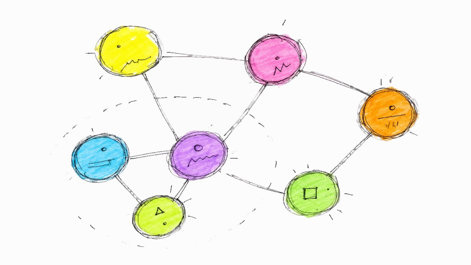 A loose constellation of hand-drawn circular clusters connected by thin lines on white paper.