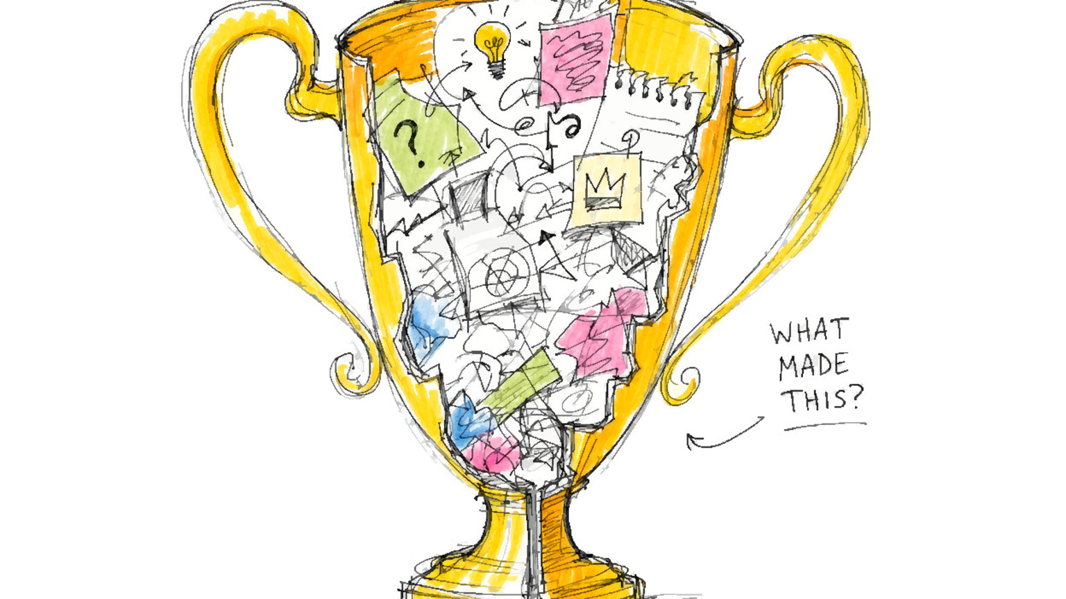 A tall winner's trophy cup with its bowl full of scribbled notes, sticky