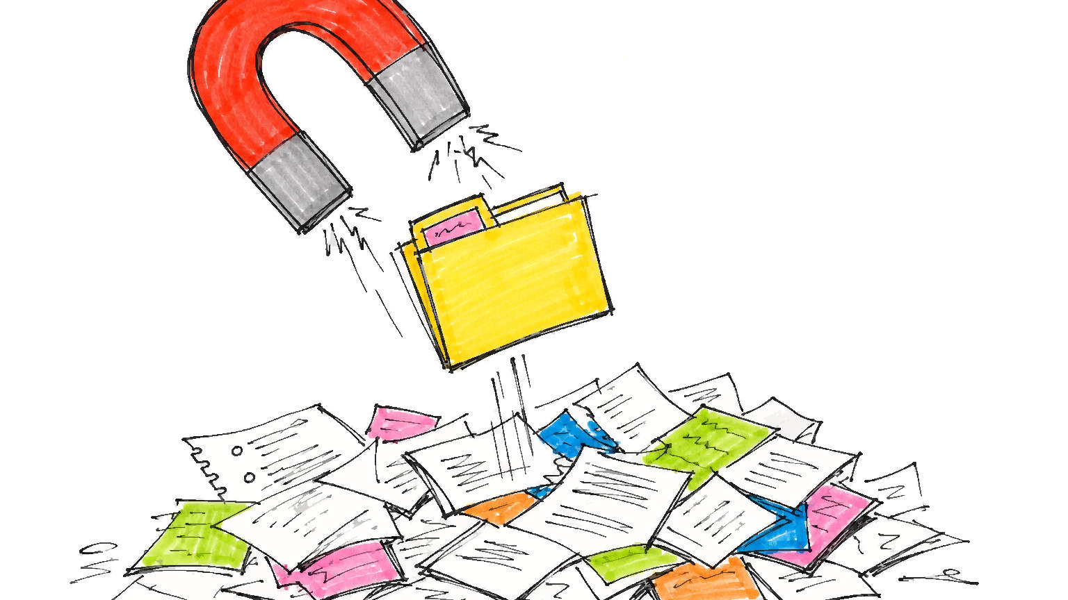 A red horseshoe magnet lifts a yellow folder out of a pile of loose papers and sticky notes.
