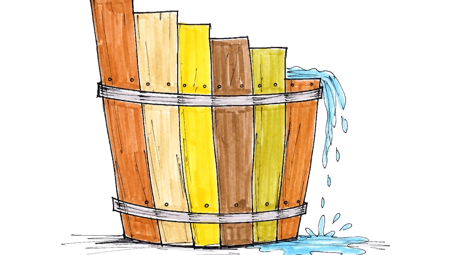 A wooden water barrel built from six staves of unequal height, with water
